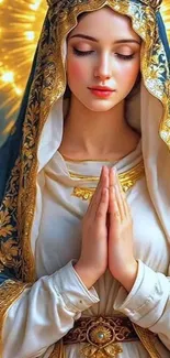 A serene figure in prayer with a golden glow, exuding peace and divinity.
