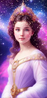 Ethereal princess in cosmic fantasy art with violet hues and starry background.