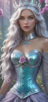 Enchanting fairy princess with long hair and crown in a lavender fantasy setting.