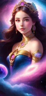 Ethereal princess in a cosmic setting, vibrant colors.