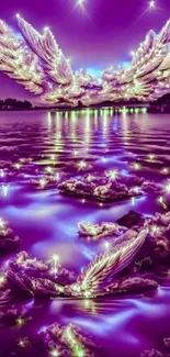 Purple sky with angel wings and stars reflecting on water.