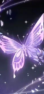 Ethereal purple butterfly with cosmic sparkles on a mobile wallpaper background.