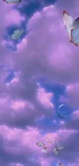 Purple clouds with butterflies and moon.