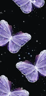 Purple butterflies on a starry black background for mobile wallpaper.