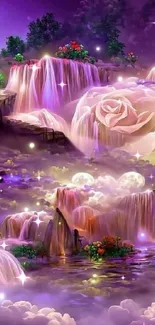 Ethereal purple waterfall landscape with glowing flowers.