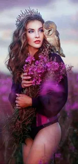 Woman with crown and owl in purple floral field.