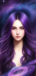 Fantasy-themed wallpaper of figure with purple hair in a starry galaxy.