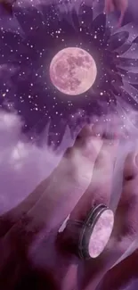 Purple moon with floral overlay on a dreamy sky.