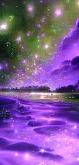 Ethereal purple night sky with stars and beach reflections.