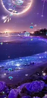 Purple ocean scene with jewels under a mystical night sky.