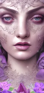 Ethereal portrait of a mystical woman in purple tones, adorned with floral elements.