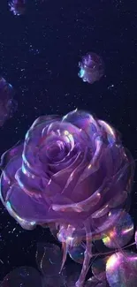 Ethereal purple rose with cosmic shimmer and abstract background.