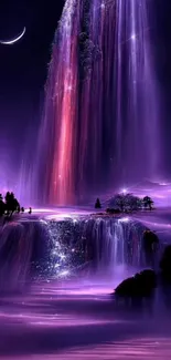 Surreal purple waterfall under crescent moonlight.