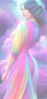 Ethereal woman in rainbow dress, galaxy background