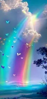 Ethereal sky with rainbow, clouds, and butterflies.