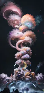 Ethereal rainbow smoke art against a dark sky creating a mystical atmosphere.