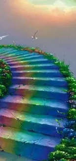 Mystical rainbow staircase leading to a vibrant sky.