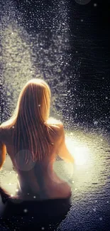 Ethereal woman sitting in rain at night with glowing light.