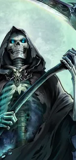 Mystical Grim Reaper with scythe against a moonlit teal sky.