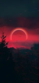 Red eclipse over a serene forest with birds flying.