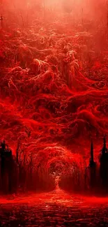 Ethereal red fantasy landscape with dark towers and swirling clouds.