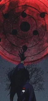 Anime wallpaper featuring a red moon with a shadowy figure beneath.