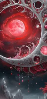 Ethereal red moon with fantasy art on a mobile wallpaper.