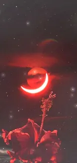 Vivid red crescent moon with hibiscus in starry sky.