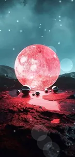 Ethereal red orb in a surreal landscape with dark skies and glowing effects.