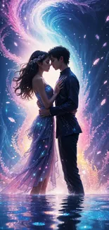 Romantic couple surrounded by ethereal swirls in a fantasy setting.