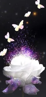 Ethereal mobile wallpaper with a glowing rose and butterflies against a dark background.