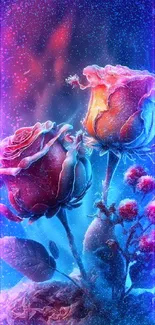 Ethereal roses surrounded by glowing mystical light on a fantasy wallpaper.