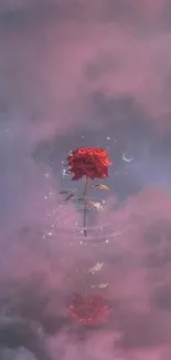 Single red rose amidst purple clouds in mystical mobile wallpaper.