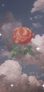 Floating rose with stars and clouds background wallpaper.