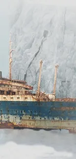 Rusted ship near a towering iceberg in light blue tones.