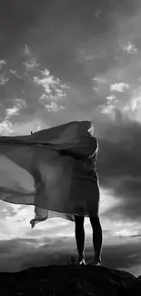 Silhouette of a person against a cloudy sky with flowing fabric.