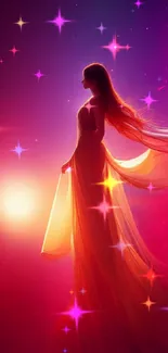 Silhouette of a woman in vibrant magenta and orange hues, creating a celestial scene.