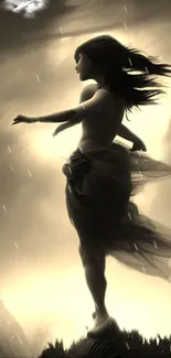 Silhouette of a woman in a flowing dress against a dreamy, ethereal backdrop.