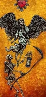 Skeleton angel with wings on a golden backdrop.