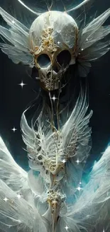 Ethereal skeleton with angelic wings on dark background wallpaper.