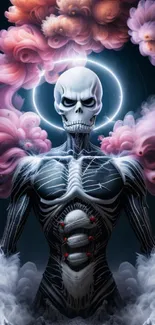 Ethereal skeleton art with colorful clouds and halo on a dark background.