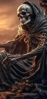 Skeleton cloaked in shadows at sunset on mobile wallpaper.