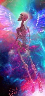 Winged skeleton in cosmic blue nebula wallpaper.