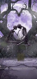 Fantasy art wallpaper with skeletons under ethereal trees and a purple sky.