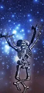 Dancing skeleton in a starry galaxy background with blue and indigo hues.