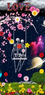 Skeletons on a swing with cosmic and nature background.