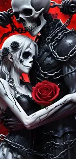 Gothic skeleton lovers embrace under a crimson moon, holding a red rose.