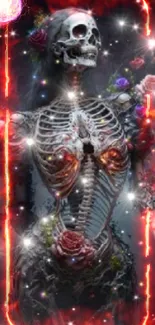 Skeleton with roses and mystical lights.