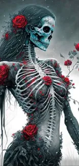 Gothic skeleton adorned with vibrant red roses in dark ethereal style.