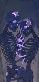 Two intertwined skeletons with purple hues in a mystical wallpaper.